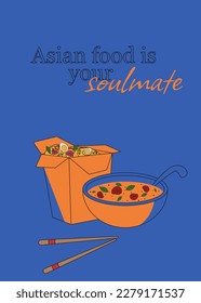 Banner with tom yum soup and noodle in box to go with shrimp. Asian dish illustration