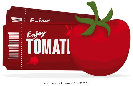 Banner with a tomato and a pair of red tickets isolated over white background to enjoy the Tomato Festival