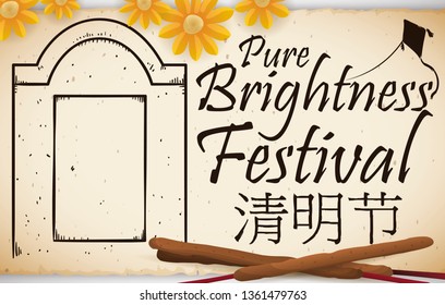 Banner with tombstone draw and kite silhouette in a scroll decorated with beautiful flowers and joss sticks to celebrate Qingming or Pure Brightness Festival (written in Chinese calligraphy).