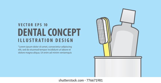 Banner toothbrush and toothpaste in the cup illustration vector on blue background. Dental concept.