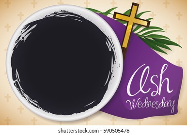 Banner with top view of bowl with blessed ashes, palm branch, purple stole and crucifix for the celebration of Ash Wednesday that mark the beginning of the Lent.