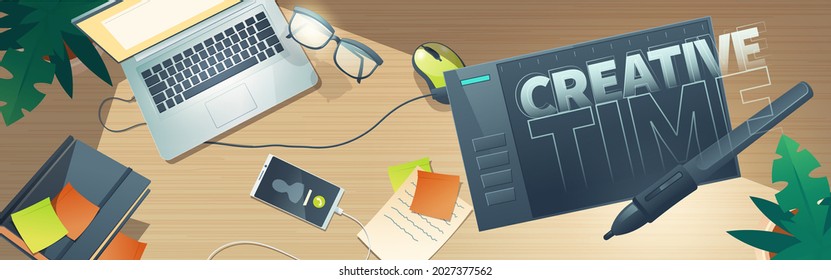 Banner with top view of designer workspace