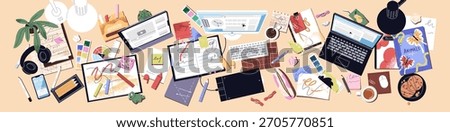 Banner with top view of messy workplace. Above of computer table with laptop, mess of books, papers, documents, stationery and things. Office desk with disorder, clutter. Flat vector illustration