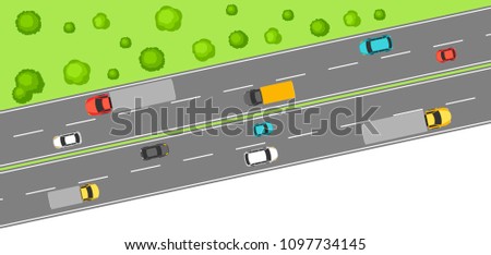 Banner with top view of road. Highway traffic cars in countryside.