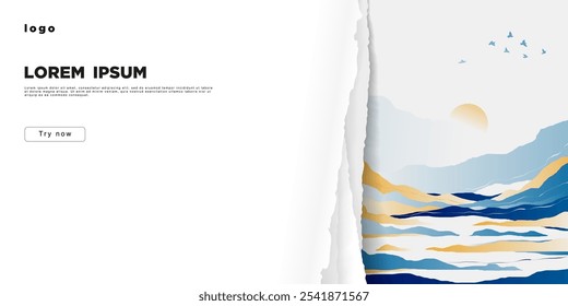 Un Anuncio con papel desgarrado detrás del cual hay un paisaje abstracto. Un lugar para el texto.