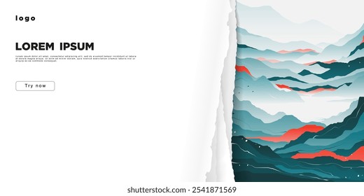 Ein Banner mit zerrissenem Papier, hinter dem sich eine abstrakte Landschaft befindet. Ein Ort für den Text.