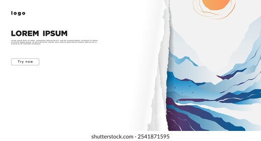 Uma faixa com papel rasgado atrás da qual é uma paisagem abstrata. Um lugar para o texto.