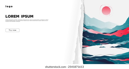 Ein Banner mit zerrissenem Papier, hinter dem sich eine abstrakte Landschaft befindet. Ein Ort für den Text.