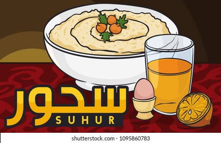 Banner with traditional breakfast for pre-fasting during Suhur (written in Arabic calligraphy) in holy month of Ramadan: hummus bi tahini with chickpeas, boiled egg and orange juice.
