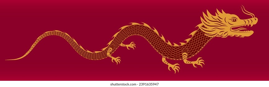 Banner with traditional Chinese dragon flying along the frame, space for text in Chinese style for New Year greetings, Chinese New Year celebration. Golden serpent dragon on red background