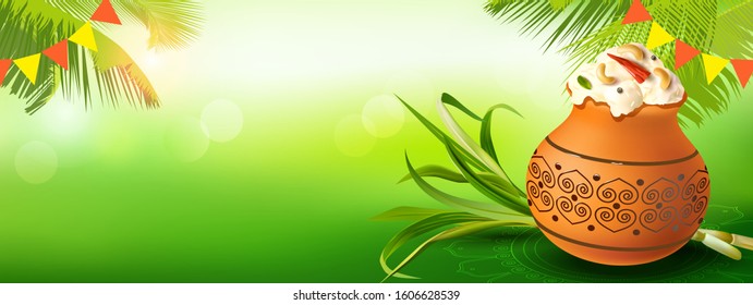 Banner With Traditional Clay Pot With Rice For Indian Harvest Festival Pongal (Makar Sankranti). Template For Sale Offers, Invitation, Greetings With Empty Space For Text. Vector Illustration.