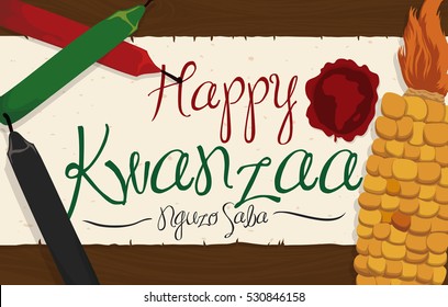 Banner with traditional corn and candles for Kwanzaa celebration and scroll with greeting sign and stamp with African silhouette over a wooden table.