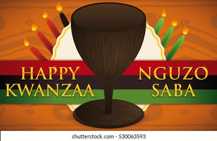 Banner with traditional cup and candles for Kwanzaa celebration over a label and the flag of this holiday with golden text (Nguzo Saba mean "Seven Principles of African Heritage) on tribal background.