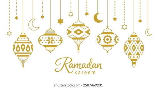 Banner with traditional eastern style mosaic hanging lamps, crescent and stars. Ethnic asian gold colored background of ornate pendant lanterns. Ramadan kareem holiday EPS 10 vector illustration.