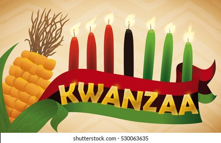 Banner with traditional elements to celebrate Kwanzaa: candles, corn and flag of this holiday.