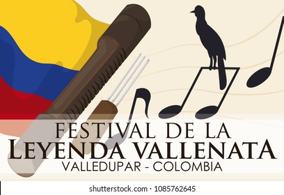 Banner with traditional elements of Colombian folklore: flag, bird silhouette, guacharaca and fork, playing a beautiful melody in Vallenato Legend Festival (written in Spanish).