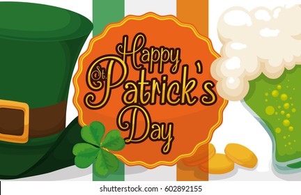 Banner with traditional elements ready to celebrate the St. Patrick's Day: leprechaun's hat, lucky four-leaf clover, Irish flag, green beer and gold coins.