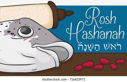 Banner with traditional fish head, pomegranate seeds and scroll to celebrate Jewish New Year or Rosh Hashanah (written in Hebrew).
