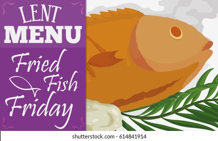 Banner with traditional menu for Lent fasting celebration: fried fish with fasting bread and palm leaves.