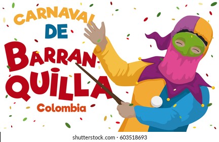 Banner with traditional monocuco character celebrating the Colombian Barranquilla's Carnival (written in Spanish) with colorful confetti.