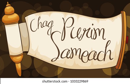 Banner with a traditional scroll (or Megillah) over a background with bokeh and greeting Hebrew message that means "happy Purim".