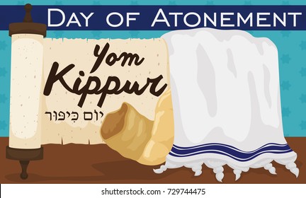 Banner with traditional scroll, white tallit with blue stripes and shofar horn over starry background to celebrate Jewish Yom Kippur or Day of Atonement (written in Hebrew).