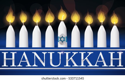Banner with traditional white candles all lighted for final day of Hanukkah.