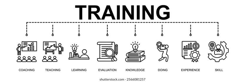  Banner of TRAINING vector illustration concept with 8 ICONS
