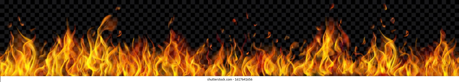 Banner of translucent fire flames and sparks with horizontal repetition on transparent background. For used on dark illustrations. Transparency only in vector format