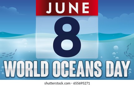 Banner with translucent loose-leaf calendar over a realistic seascape view for World Oceans Day celebration.