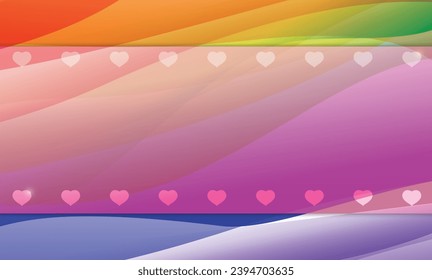 Banner with translucent pink label decorated with hearts on a colorful background with abstract waves.