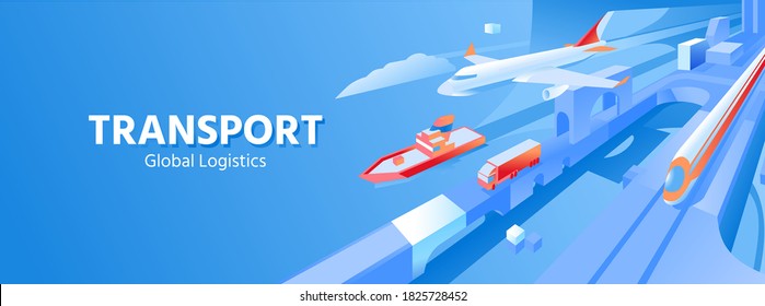 Banner with transport on an abstract blue background for the site, with space for the text. The layout shows an airplane, ship, truck, and train. Flat design, all objects in perspective.