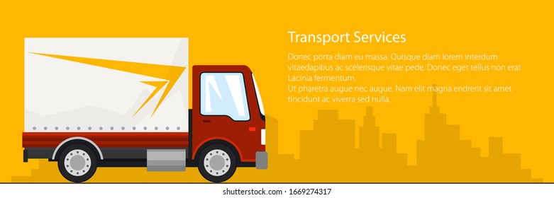 Banner de los servicios de transporte y carga, coche rojo de entrega de carga en el fondo de la ciudad y texto, transporte y flete de mercancías, ilustración vectorial
