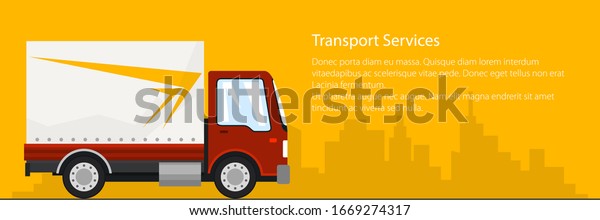 Banner of transportation and cargo\
services, red cargo delivery truck on the background of the city\
and text, shipping and freight of goods, vector\
illustration