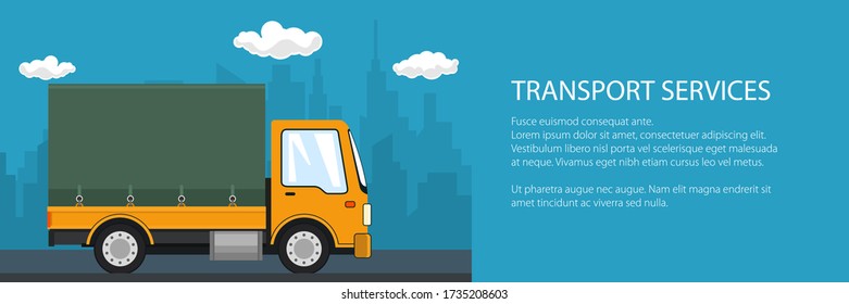 Banner of transportation and cargo services, yellow green cargo delivery truck on the background of the city and text, shipping and freight of goods, vector illustration