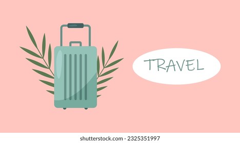 Banner for travel agencies, tour operators, travel business.
Blue suitcase, in palm leaves, on a pink background, and the inscription "Travel".
Flat vector illustration eps 10.