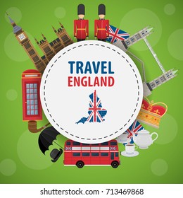Banner travel to England, London on a green background with local landmarks vector illustration flat
