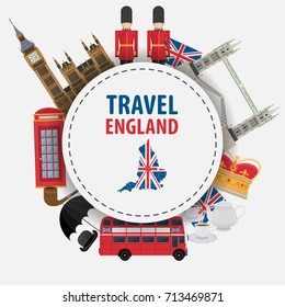 Banner travel to England, London. Traditional objects, culture in shape of a circle and space for text isolated on white background vector illustration