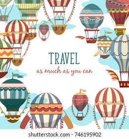 Banner for travel with old air balloons in sky. Cartoon vintage or retro flying transport with basket sign. Airship for journey and holiday adventure, flight sport.Recreation, tourism,ballooning theme