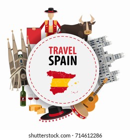 Banner travel to Spain. Elements of  Spanish tradition and architecture in the shape of a circle with the text on a white background vector illustration flat