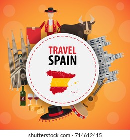 Banner travel to Spain. Elements of  Spanish tradition and architecture in the shape of a circle with the text on a orange background vector illustration flat