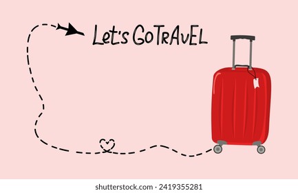 Banner Travel suitcase, hand lettering. Tourism, recreation. Bag with handle, wheels retractable handle for travel, business trips or summer holidays. Airplane silhouette. Travel luggage Traveler.