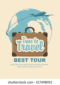 Banner with a travel suitcase and the words travel time, passenger plane and planet Earth