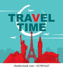 banner travel time with architectural landmarks and the flying plane