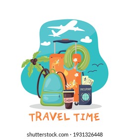 Banner travel time suitcase, backpack, passport, cup coffee, palm. Postcard with travel items for a round-the-world flight. Vector cartoon flat illustration