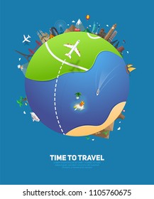 Banner for travel and tourism with abstract earth planet and famous flat landmarks