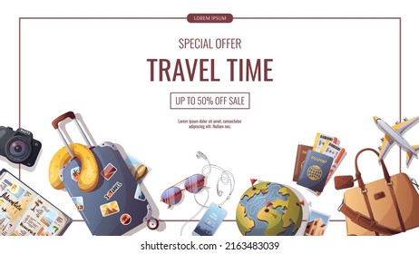 Banner for travel, tourism, adventure, journey. Suitcase, airplane and globe, camera, travel bag, travel journal, passport and tickets. Vector illustration, flyer, cover, banner template.