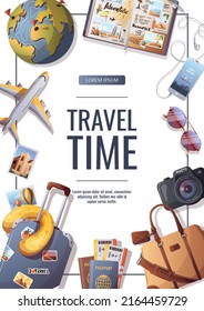 Banner for travel, tourism, adventure, journey. Suitcase, airplane and globe, camera, travel bag, travel journal, passport and tickets. Vector illustration, flyer, cover, banner template.