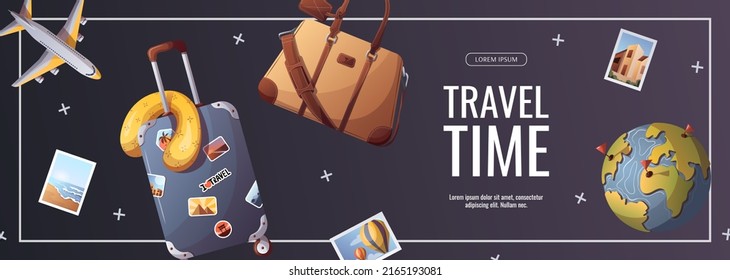 Banner for travel, tourism, adventure, journey. Suitcase, airplane and globe, travel bag. Vector illustration, flyer, cover, banner template.