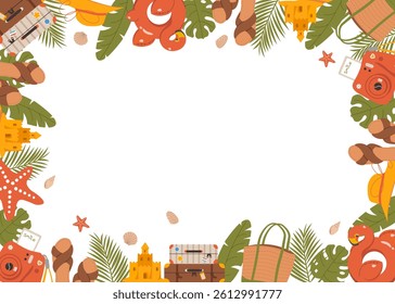 Banner with travel and tourism elements. Colorful trip objects, palm tree and leaves, suitcase, flamingo swimming ring and space for text. Summer vacation background. Colorful flat vector illustration